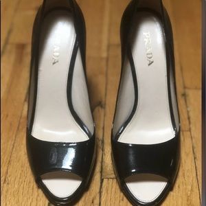 Prada Black Patent Leather Peep Toe Shoes